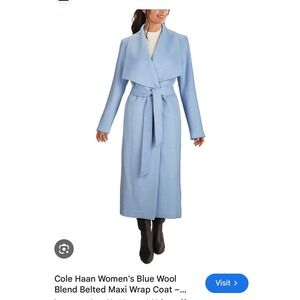 $460 Cole Haan Sz 10 Slick Premium Wool Blend Belted Wrap Trench Coat Ice Blue